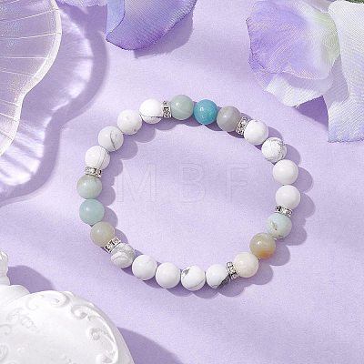 Natural Howlite & Flower Amazonite Round Beaded Stretch Bracelets BJEW-TA00528-03-1