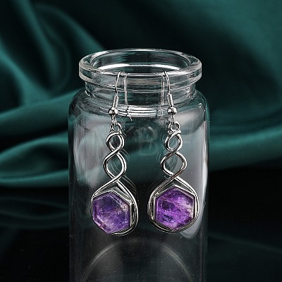 Hexagon Natural Amethyst Dangle Earrings EJEW-K298-01P-01-1