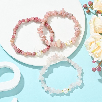 3Pcs 3 Styles Natural & Synthetic Mixed Gemstone Chip & Natural Cultured Freshwater Pearl Beaded Stretch Bracelets Set for Women BJEW-JB13762-1