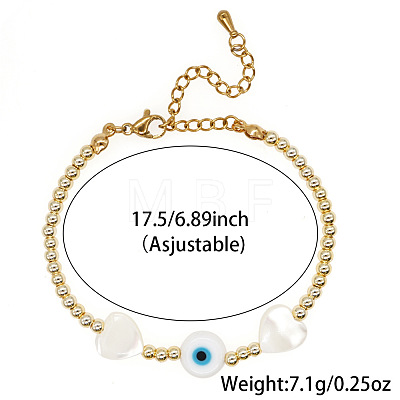Summer Natural Shell Heart & Evil Eye & Brass Round Beaded Bracelets with Stainless Steel Chains NH4059-1