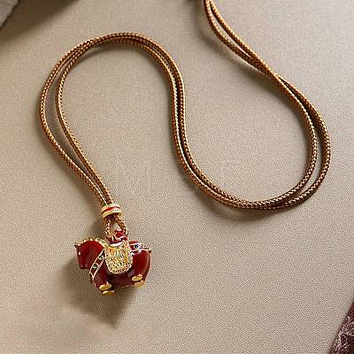 Brass Pave Cubic Zirconia and Enamel Horse Pendant Adjustable Cotton Cord Necklaces for Women WG24AFA-03-1