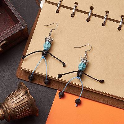 Synthetic Turquoise & Natural Lava Rock Braided Skeleton Dangle Earrings EJEW-TA00226-03-1