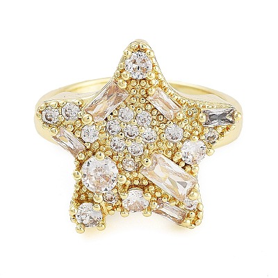 Rack Plating Brass Micro Pave Cubic Zirconia Star Open Cuff Rings for Women RJEW-C080-08G-1