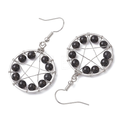 Natural Obsidian Flat Round with Star Pattern Dangle Earrings EJEW-JE06080-1