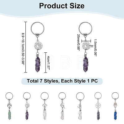  7Pcs 7 Styles Bullet Gemstone Wire Wrapped Keychain KEYC-NB0001-49-1