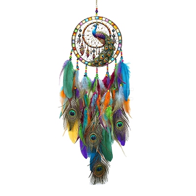 Peacock Acrylic & Woven Net/Web with Feather Hanging Ornaments HJEW-A013-01-1