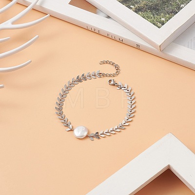 Natural Pearl Link Bracelet with 304 Stainless Steel Cobs Chains for Women BJEW-TA00214-1