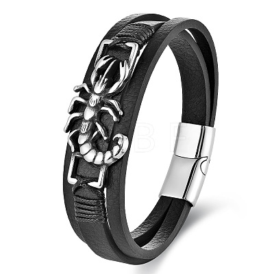 Black Imitation Leather & 316L Stainless Steel Centipede Multi-strand Bracelets with Magnetic Clasps for Men WG416ED-01-1