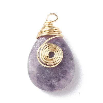 Copper Wire Wrapped Natural Lepidolite Pendants PALLOY-JF01179-1