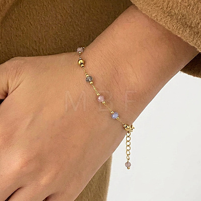 304 Stainless Steel & Natural Gemstone Faceted Rondelle Beads Link Chain Bracelets for Women TY8099-3-1