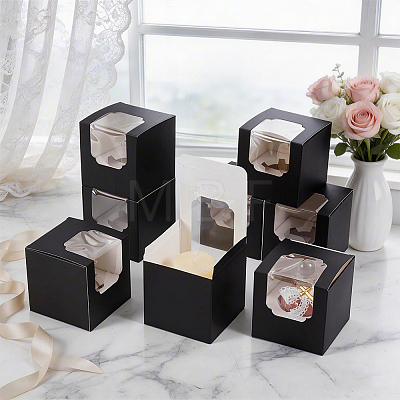 Cube Paper Cupcake Storage Boxes with Visible Window BAKE-WH0002-002C-1