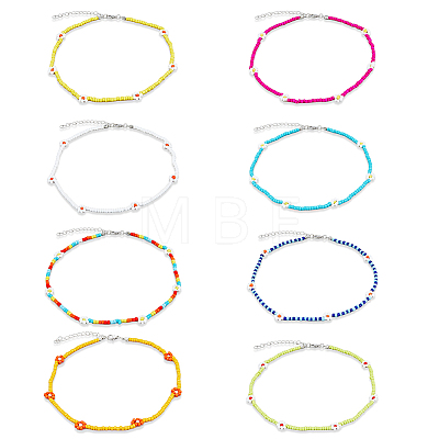 8Pcs 8 Colors Glass Seed Braided Flower Beaded Necklaces Set for Women NJEW-AN0001-32-1