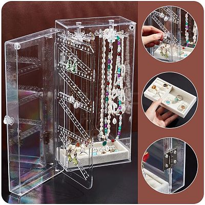 Rectangle Plastic Jewelry Organizer Storage Box with 24 Hooks OBOX-WH0001-06-1