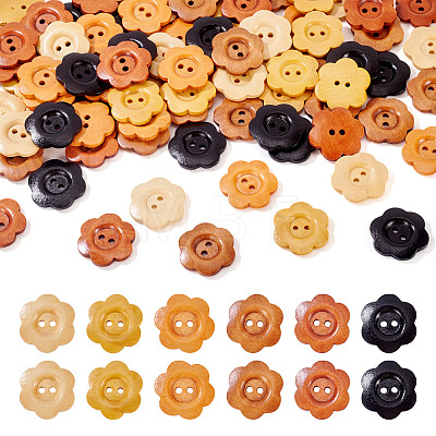 90Pcs 6 Colors 2-Hole Wood Flower Buttons BUTT-TA0001-40D-1