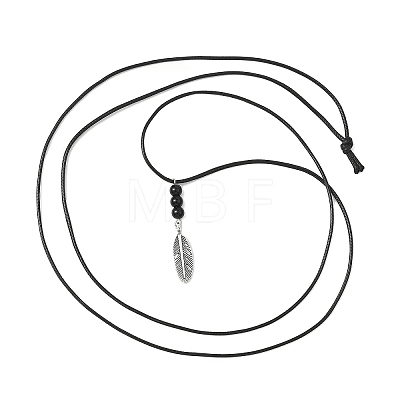 Alloy Feather Pendant Black Waxed Polyester Cord Long Necklaces NJEW-JN05638-1
