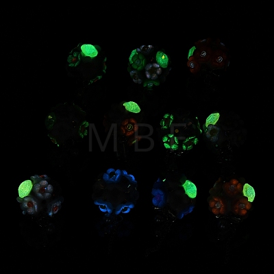 Luminous Glow in the Dark Polymer Clay Pave Rhinestone Round Beads with Resin Flower CLAY-D007-03-1