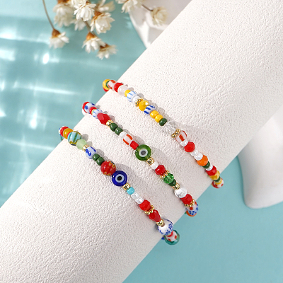 3Pcs 3 Styles Bohemian Handmade Lampwork & Glass Evil Eye Beaded Stretch Bracelet Sets JV1466-1