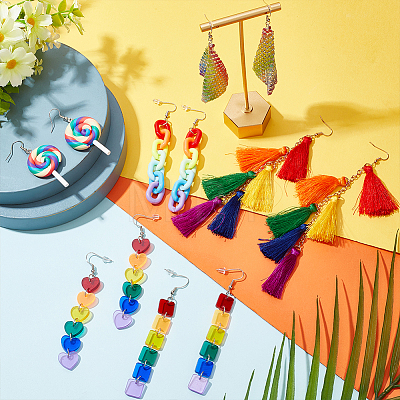 6 Pair 6 Style Rainbow Color Pride Heart Acrylic & Polymer Clay Lollipop & Polyester Tassel Dangle Earrings EJEW-AN0003-33-1