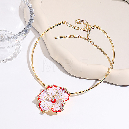 Zinc Alloy Crystal Rhinestone Enamel Pink Flower Pendant Necklaces for Women WGA6D06-01-1