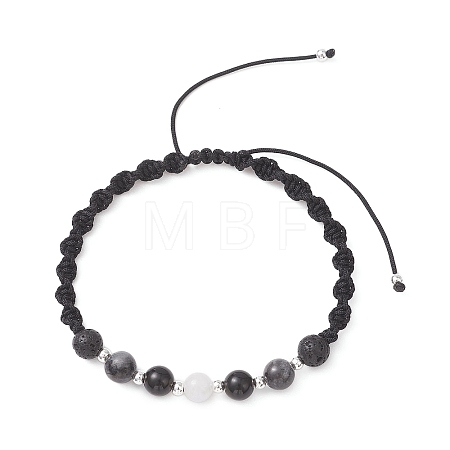Natural White Moonstone & Lava Rock & Obsidian & Larvikite Round Beads Braided Bead Bracelets for Women BJEW-JB12917-03-1