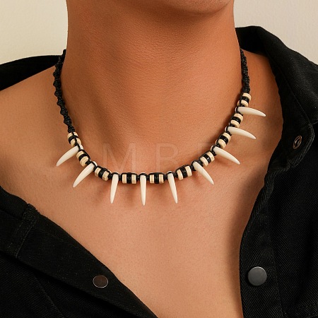 Adjustable Wood Beads Resin Fang Braided Wazed Cord Tribal Necklaces WGF0609-01-1