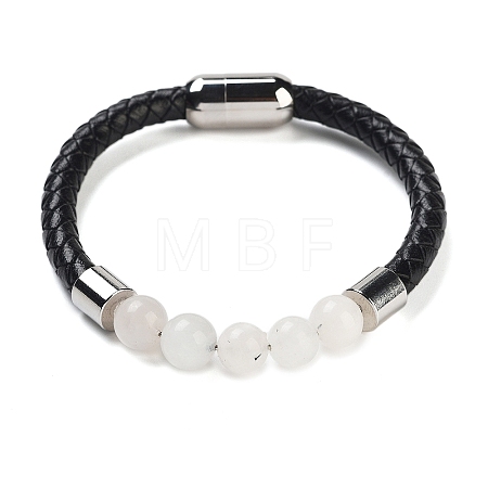 Natural White Moonstone Round Bead Braided Leather Cord Bracelets for Men Women BJEW-A009-11P-05-1