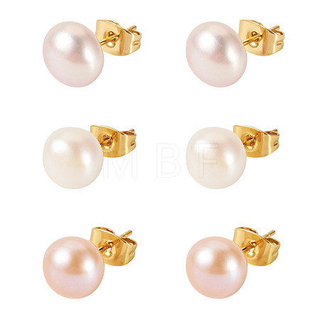 6Pcs 3 Colors Natural Cultured Freshwater Pearl Stud Earrings EJEW-TAC00027-1
