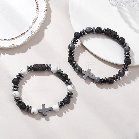 2Pcs Natural Lava Rock & Larvikite & Howlite Beads Stretch Bracelets for Couple BJEW-JB13196-1