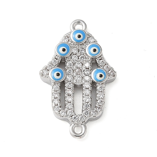 Brass Micro Pave Cleear Cubic Zirconia Evil Eye Hamsa Hand Connector Charms KK-C086-15B-P02-1