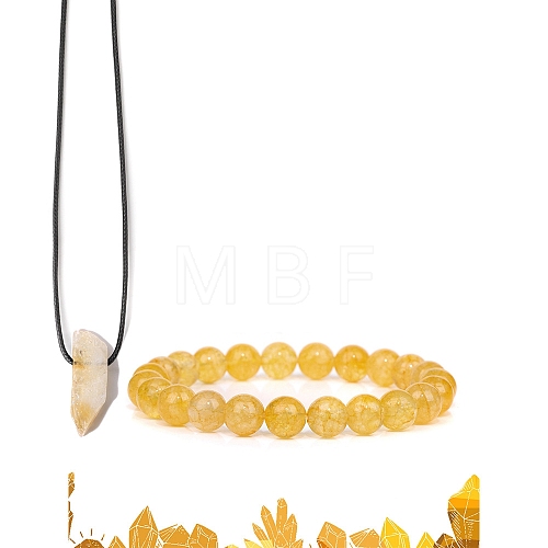 Natural Citrine Beads Stretch Bracelets & Pendant Necklaces Sets for Men PW-WGF85DB-05-1