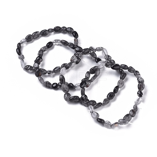 Natural Tourmalinated Quartz/Black Rutilated Quartz Bead Stretch Bracelets BJEW-K213-29-1