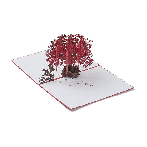 Rectangle 3D Red Maple Tree Pop Up Paper Greeting Card AJEW-A008-05-1