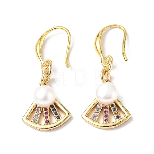 Colorful Cubic Zirconia Fan Dangle Earrings with Natural Pearl Beaded EJEW-B017-12G-1