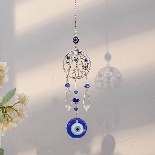 Metal Flat Round with Tree of Life & Evil Eye Hanging Ornaments PW-WG93101-04-1