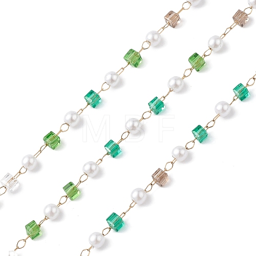 Cube & Round Glass & ABS Imitation Pearl Beaded Chains CHS-P016-43G-02-1