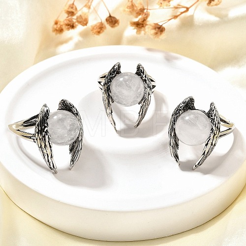 Natural Quartz Crystal Wings Adjustable Rings RJEW-K241-04AS-07-1