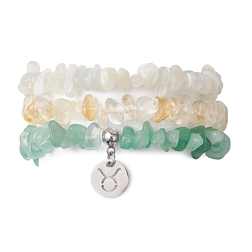 3Pcs 3 Styles Natural White Moonstone & Citrine & Green Aventurine Chips Stretch Bracelets Sets BJEW-JB11076-04-1