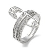 Safety Pin Shape Brass Crystal Rhinestone Adjustable Rings for Women RJEW-P112-01P-1