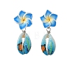 Handmade Polymer Clay 3D Flower Plumeria & Flower Word Printed Cowrie Shell Dangle Stud Earrings for Women EJEW-JE07483-4