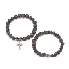 2Pcs 2 Style Natural Lava Rock & Synthetic Hematite Stretch Bracelets Set with 304 Stainless Steel Buddhist Head & Cross BJEW-JB08289-4