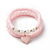 3Pcs 3 Style Natural Rose Quartz & Acrylic Word Love Beaded Stretch Bracelets Set with Alloy Enamel Heart Charms BJEW-JB08924-02-1