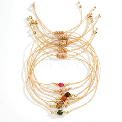 Casual Brass Bead Khaki Wax Thread Semi-Precious Natural Gemstone Bracelets Sets JA4012-1