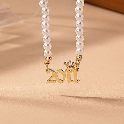 Alloy Crown Birth Year Pendant Imitation Pearl Round White Beaded Necklaces for Women FS-WG173C9-08-1