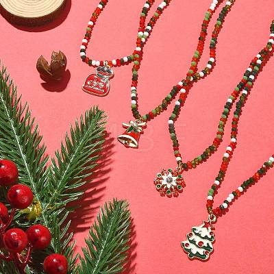 Christmas Theme Alloy Enamel Pendant Necklace with Glass Beaded Chains NJEW-JN04338-1