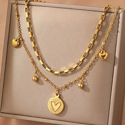 304 Stainless Steel Disc Heart Pendant Double Layer Necklaces for Women WG4F0FA-01-1