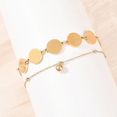 Flat Round 304 Stainless Steel Satellite Chains Double Layers Anklets BJEW-H643-04G-1