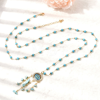 Boho Brass Resin Evil Eye Pendant Necklaces with Dyed Natural Howlite Chip Tassel NJEW-L014-03G-1