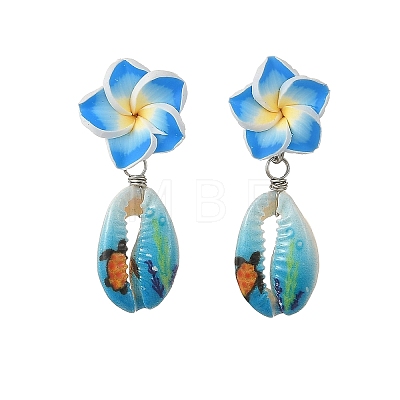 Handmade Polymer Clay 3D Flower Plumeria & Flower Word Printed Cowrie Shell Dangle Stud Earrings for Women EJEW-JE07483-1