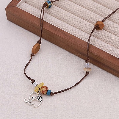 Boho Alloy Elephant Pendant Adjustable Waxed Cord Necklaces WGBAB51-01-1