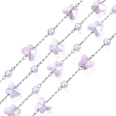Glass Butterfly & ABS Plastic Pearl Beaded Chains CHS-N003-02-05-1